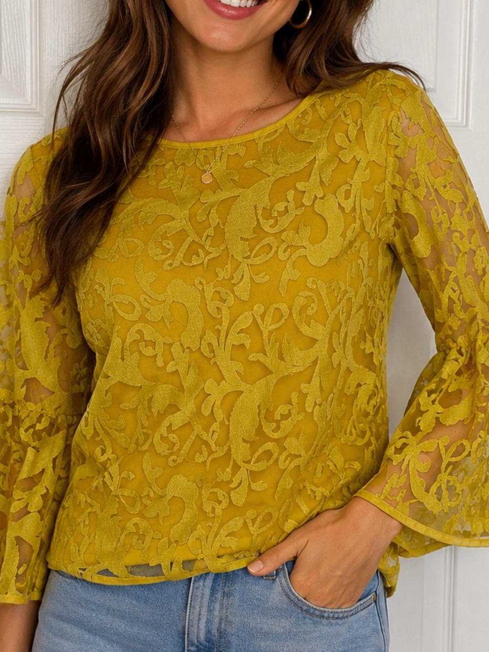 True Lite New York Yellow Embroidered Women's Blouse - L